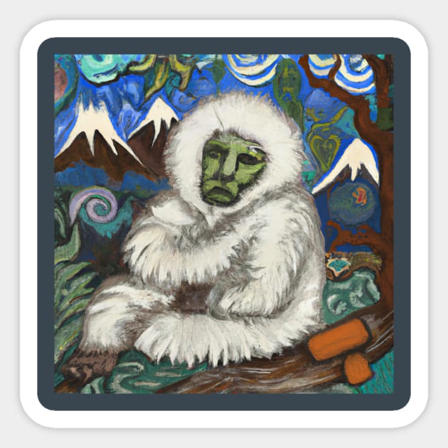 Yeti in the Himalayas in the style of Paul Gauguin Sticker by Star Scrunch